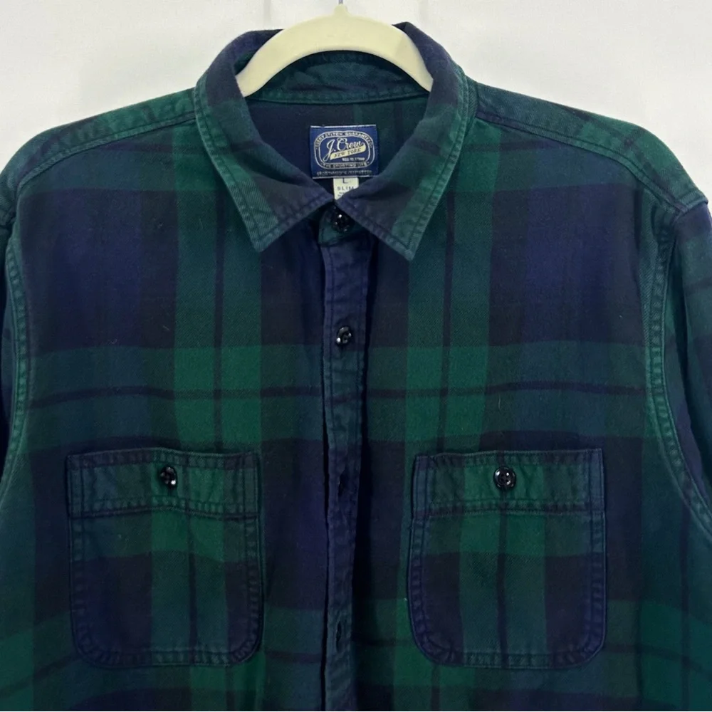 J. Crew 100% Cotton Blue Green Button Down Flannel Shirt Large Slim Preppy
